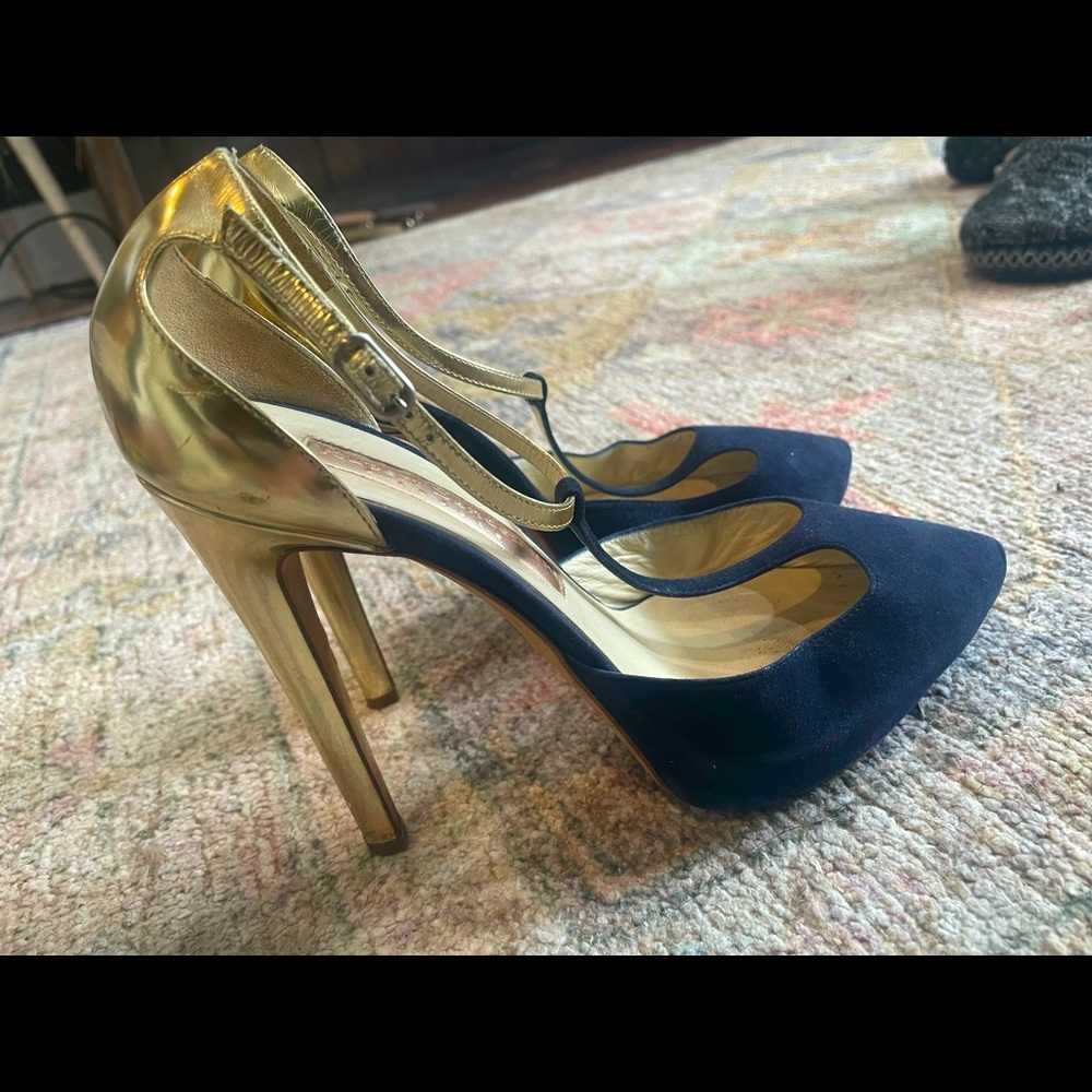 Rupert Sanderson Navy Suede and Gold Metallic Heels
